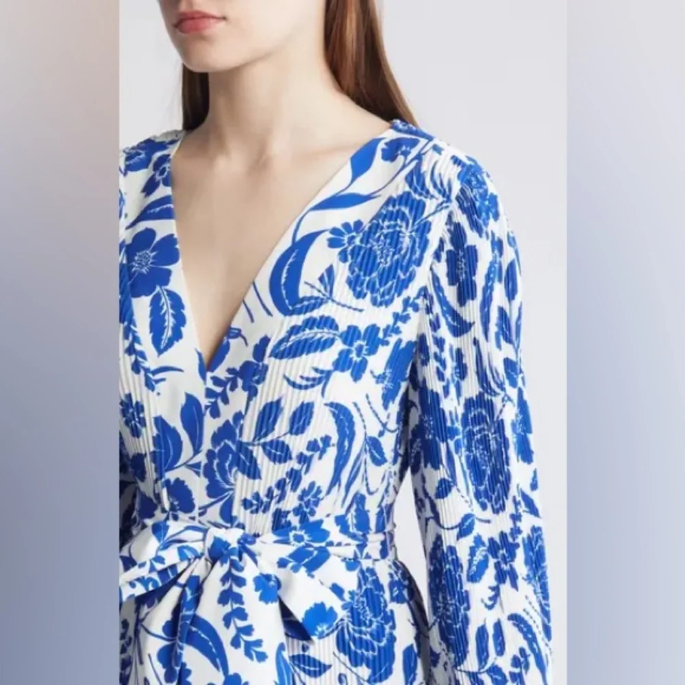 Milly Blue Liv Flowers of Spain Long Sleeve V Neck Pleated Mini Dress - Picture 5 of 13